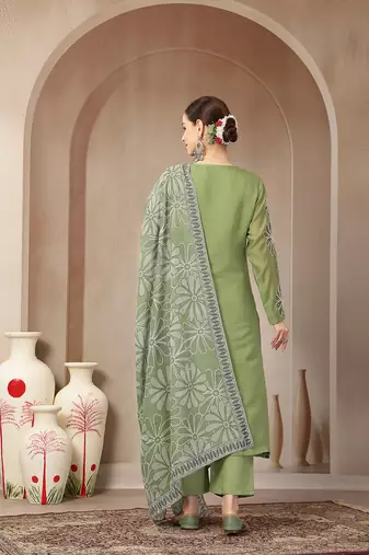 green mul chanderi silk keyhole neck a-line kurta trouser dupatta set