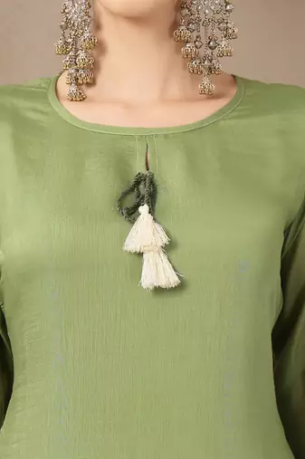 green mul chanderi silk keyhole neck a-line kurta trouser dupatta set