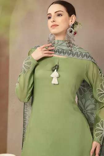 green mul chanderi silk keyhole neck a-line kurta trouser dupatta set