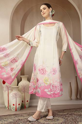 cream and pink chanderi silk embroidery straight kurta trouser dupatta se