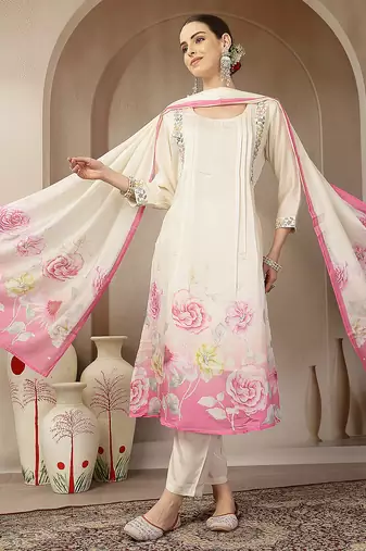 cream and pink chanderi silk embroidery straight kurta trouser dupatta se