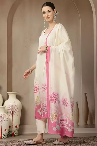 cream and pink chanderi silk embroidery straight kurta trouser dupatta se