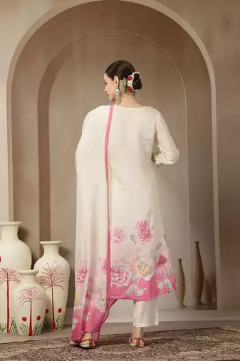 cream and pink chanderi silk embroidery straight kurta trouser dupatta se
