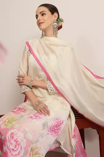cream and pink chanderi silk embroidery straight kurta trouser dupatta se
