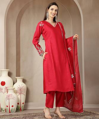 pink vatican silk dori embroidery mirror work kurta trouser dupatta set 1