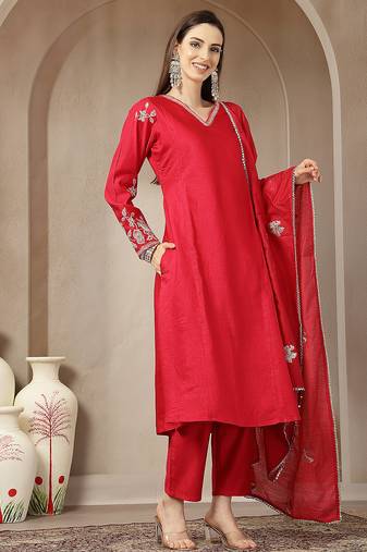 pink vatican silk dori embroidery mirror work kurta trouser dupatta set