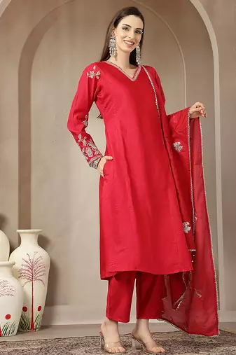 pink vatican silk dori embroidery mirror work kurta trouser dupatta set