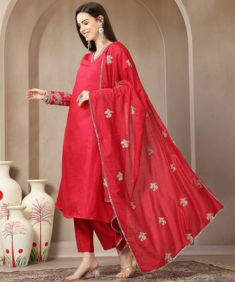 pink vatican silk dori embroidery mirror work kurta trouser dupatta set 2