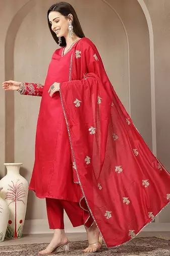 pink vatican silk dori embroidery mirror work kurta trouser dupatta set
