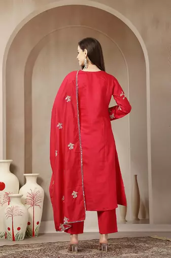 pink vatican silk dori embroidery mirror work kurta trouser dupatta set