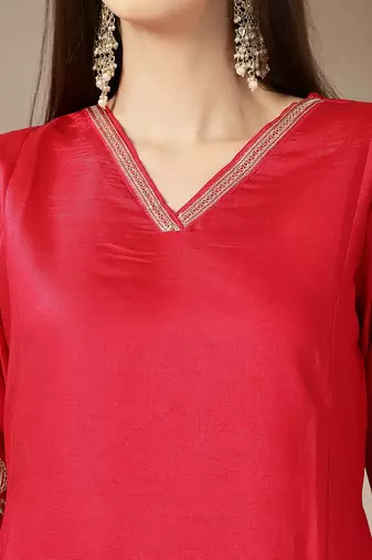pink vatican silk dori embroidery mirror work kurta trouser dupatta set