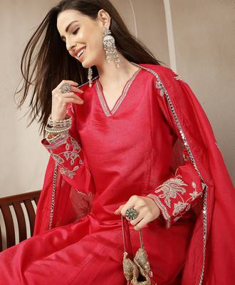 pink vatican silk dori embroidery mirror work kurta trouser dupatta set 5