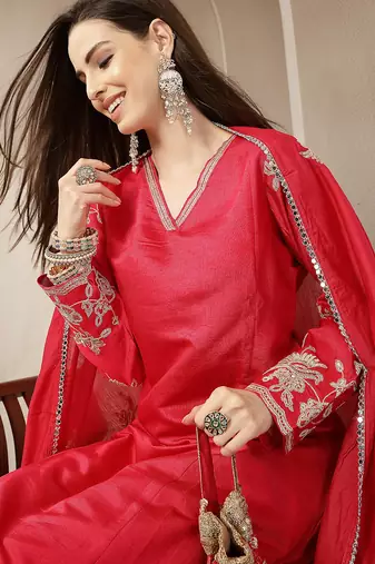 pink vatican silk dori embroidery mirror work kurta trouser dupatta set