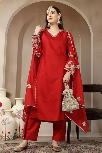 red vatican silk dori embroidery mirror work kurta trouser dupatta set