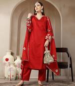 red vatican silk dori embroidery mirror work kurta trouser dupatta set