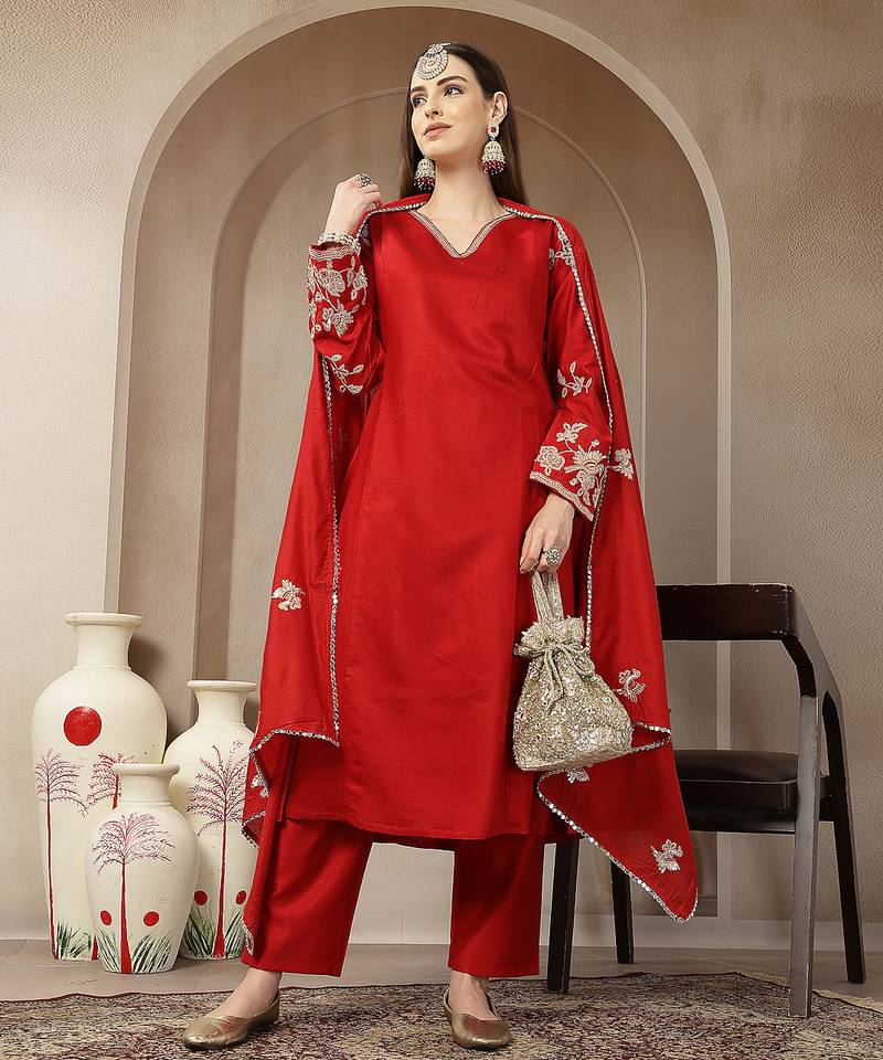 red vatican silk dori embroidery mirror work kurta trouser dupatta set