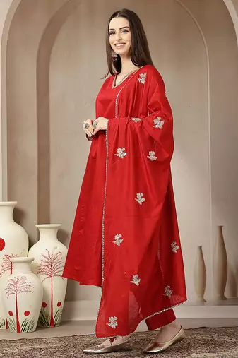 red vatican silk dori embroidery mirror work kurta trouser dupatta set