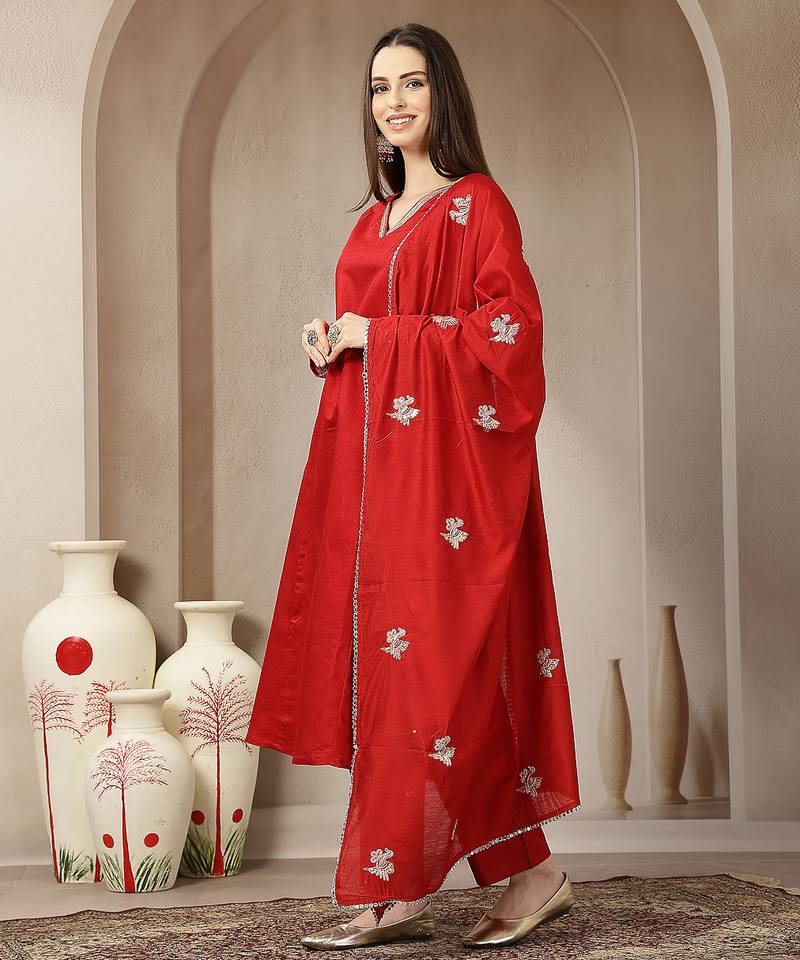 red vatican silk dori embroidery mirror work kurta trouser dupatta set