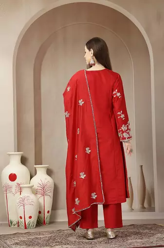 red vatican silk dori embroidery mirror work kurta trouser dupatta set