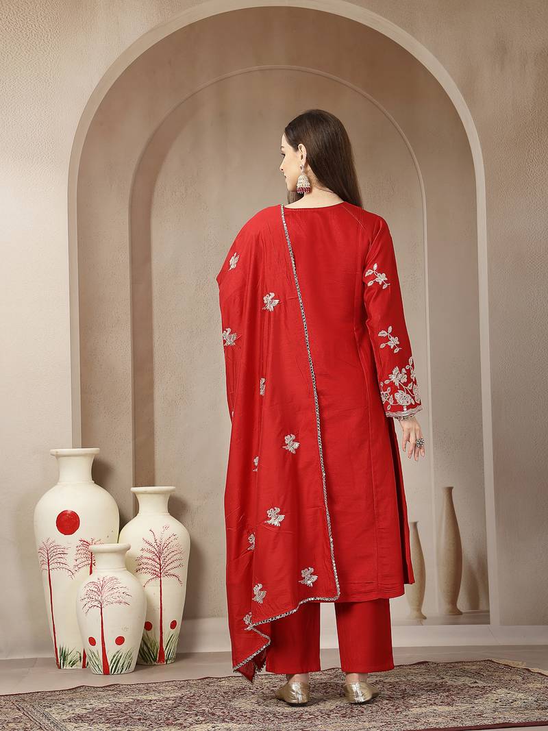red vatican silk dori embroidery mirror work kurta trouser dupatta set