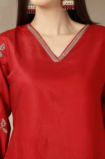 red vatican silk dori embroidery mirror work kurta trouser dupatta set