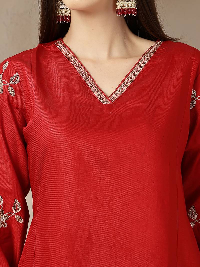 red vatican silk dori embroidery mirror work kurta trouser dupatta set