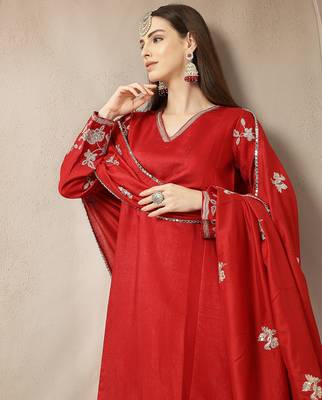 red vatican silk dori embroidery mirror work kurta trouser dupatta set 5