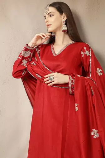 red vatican silk dori embroidery mirror work kurta trouser dupatta set