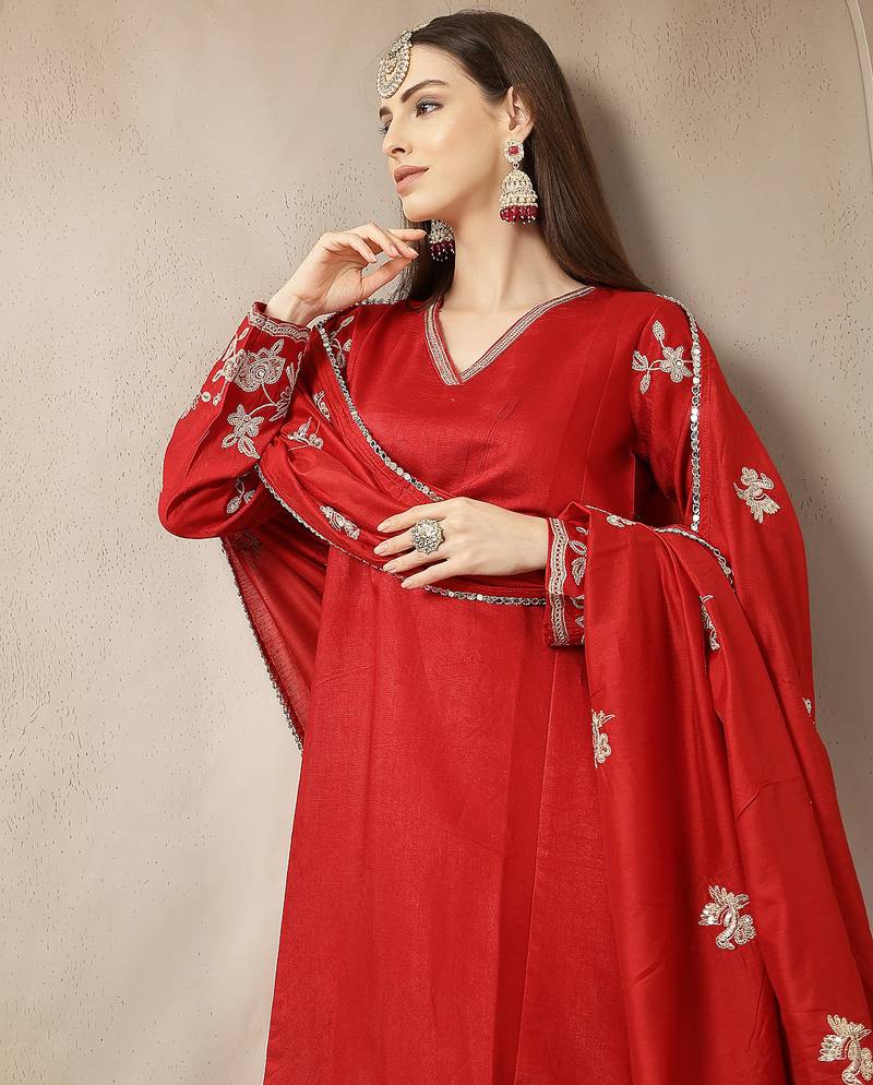 red vatican silk dori embroidery mirror work kurta trouser dupatta set