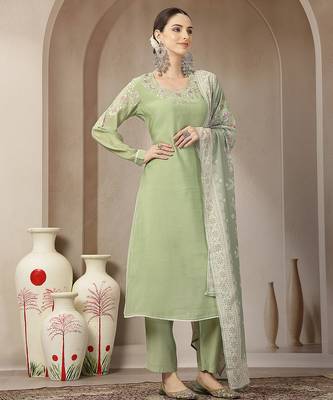 green mul chanderi silk embroidery a-line kurta trouser dupatta set 1