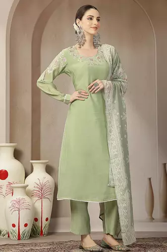 green mul chanderi silk embroidery a-line kurta trouser dupatta set