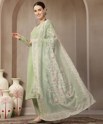green mul chanderi silk embroidery a-line kurta trouser dupatta set 2