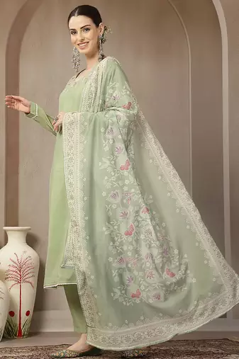 green mul chanderi silk embroidery a-line kurta trouser dupatta set