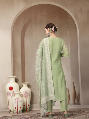 green mul chanderi silk embroidery a-line kurta trouser dupatta set 3