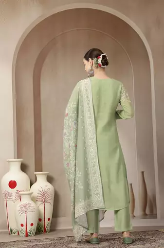 green mul chanderi silk embroidery a-line kurta trouser dupatta set
