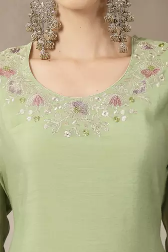 green mul chanderi silk embroidery a-line kurta trouser dupatta set