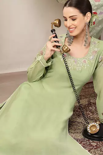 green mul chanderi silk embroidery a-line kurta trouser dupatta set