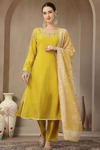 mustard yellow mul chanderi silk embroidery a-line kurta trouser dupatta set