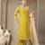 mustard yellow mul chanderi silk embroidery a-line kurta trouser dupatta set