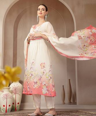 cream and peach mul chanderi silk floral print anarkali kurta trouser dupatta set 1