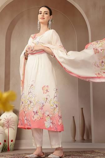 cream and peach mul chanderi silk floral print anarkali kurta trouser dupatta set