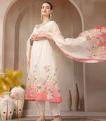 cream and peach mul chanderi silk floral print anarkali kurta trouser dupatta set