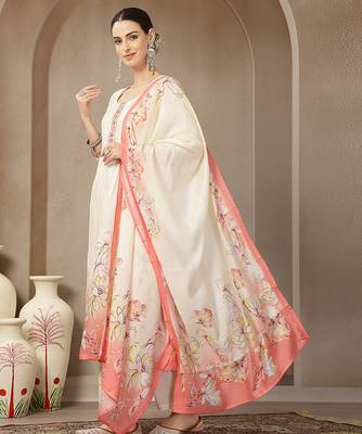 cream and peach mul chanderi silk floral print anarkali kurta trouser dupatta set 2