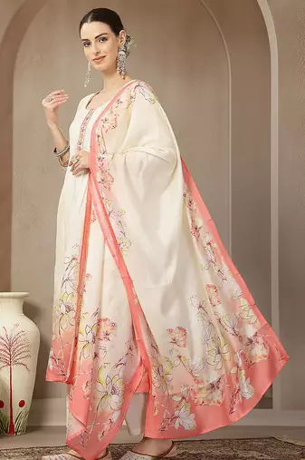 cream and peach mul chanderi silk floral print anarkali kurta trouser dupatta set