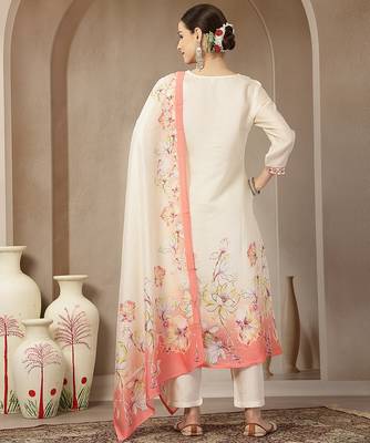 cream and peach mul chanderi silk floral print anarkali kurta trouser dupatta set 3