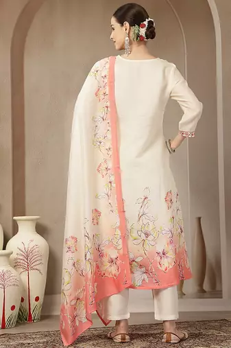 cream and peach mul chanderi silk floral print anarkali kurta trouser dupatta set