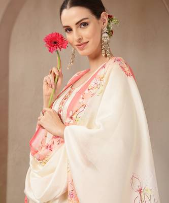 cream and peach mul chanderi silk floral print anarkali kurta trouser dupatta set 4