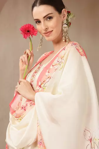 cream and peach mul chanderi silk floral print anarkali kurta trouser dupatta set