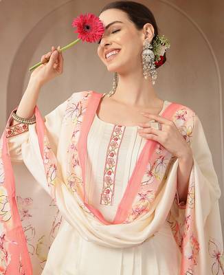 cream and peach mul chanderi silk floral print anarkali kurta trouser dupatta set 5