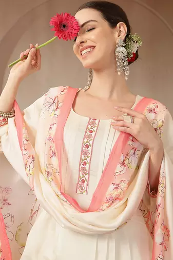 cream and peach mul chanderi silk floral print anarkali kurta trouser dupatta set